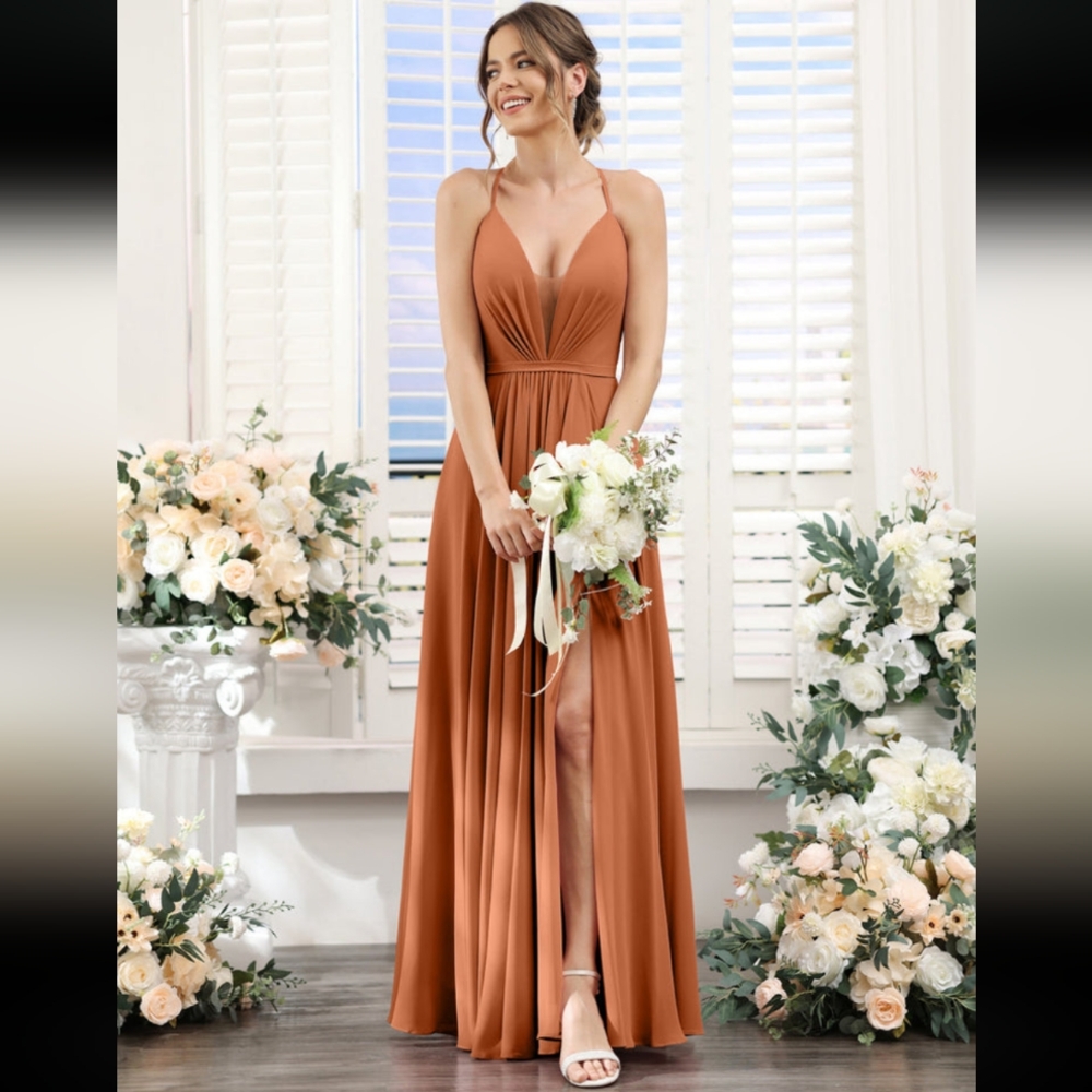 A-Line Spaghetti Strap Burnt Orange Chiffon Bridesmaids Dress